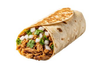 Perfectly wrapped golden-brown carnitas burrito, shredded pork, cilantro, onions, on transparent studio background with diffuse light, no shadows, high-angle shot. Concept for food advertising