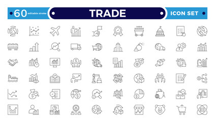 Trade outline icon collection. Business icon set. Business team, meeting, partnership, startup, planning, company, management, profit, and successful key icons. Editable stroke outline icon. 
