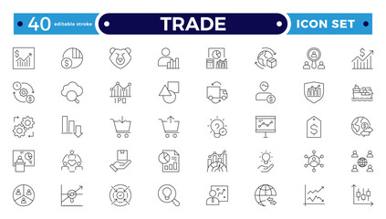 Trade outline icon collection. Business icon set. Business team, meeting, partnership, startup, planning, company, management, profit, and successful key icons. Editable stroke outline icon. 

