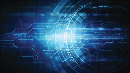 Close-up of a blue circuit board background with digital lines illustrating technology and network communication design