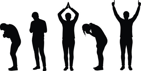 Diverse Human Emotion Silhouettes Set, Expressing Various Feelings Like Sadness, Prayer, and Triumph, Ideal for Mental Health, Spirituality, and Human Condition Concepts, with Dynamic Gestures.