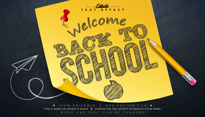 Back to School Editable Sketch Drawing Illustrator Text Effect Design Vector Graphic Style Effect with Customizable Hand Drawn Font and Graphite Pencil on Sticky Notes and Chalkboard Background.