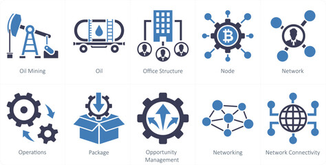 A set of 10 mix icons as oil mining, oil, office structure, node