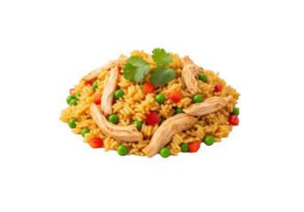 Meticulously plated Arroz con Pollo with golden rice, shredded chicken, green peas, red bell peppers, cilantro, isolated on a transparent background, concept for gourmet food advertising