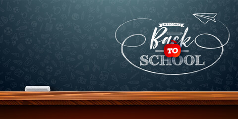 Back to School Banner Design with Hand Drawn Paper Airplane and Typography Lettering on Black Chalkboard Background. Vector School Education Illustration with Hand Drawn Doodles for Greeting Card © articular