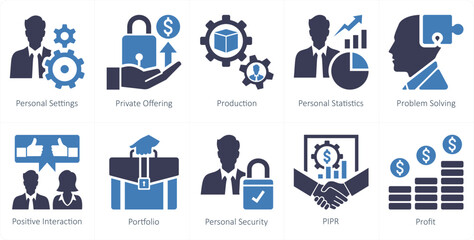 A set of 10 mix icons as personal settings, private offering, production