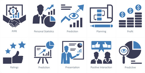 A set of 10 mix icons as pipr, personal statistics, prediction
