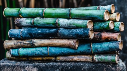 Stack of Colorful Bamboo Poles