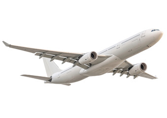 A white airplane flying, isolated on a transparent background