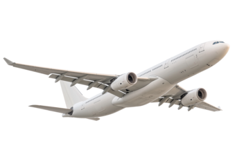 A white airplane flying, isolated on a transparent background