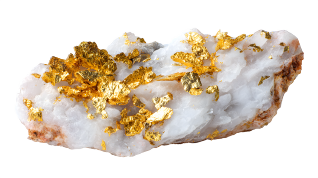Gold in Quartz raw specimen, natural gold flakes embedded in white quartz matrix, isolated on Transparent background