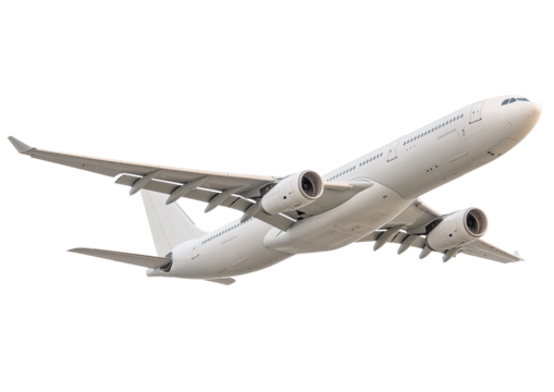 A white airplane flying, isolated on a transparent background