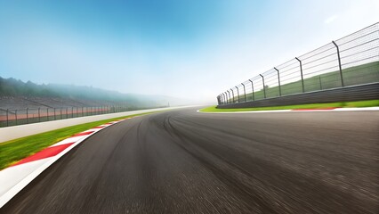 Empty Asphalt Racing Circuit with Curved Turn and Morning Fog View