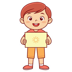 Happy cartoon boy holding a drawing of the sun, isolated on a pure white background.