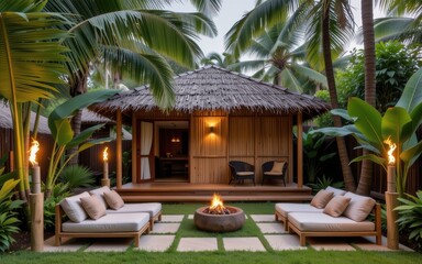 Fototapeta premium Tropical retreat with a thatched roof and a cozy fire pit.