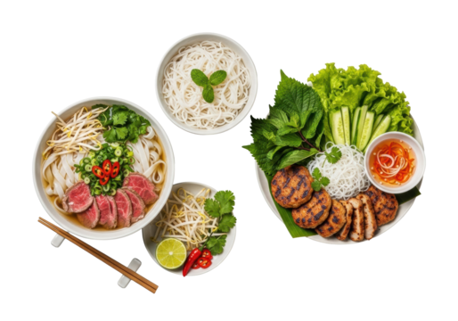 Meticulously arranged vietnamese pho bo and bun cha with beef, pork, and fresh herbs on a transparent isolated studio background, inviting and appetizing. Concept for food advertising