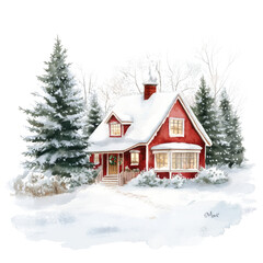 A Christmas house in the snow, surrounded by pine trees, against a white background PNG, in a watercolor style