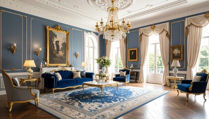 Luxurious, spacious living room with ornate details