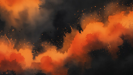 Spooky and festive watercolor background features smooth orange-to-black gradient with delicate brushstrokes and texture, evoking autumn mystique and Halloween celebration in soft focus.