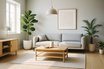 Minimalist modern living room interior with natural light, wooden furniture, green plants, and cozy neutral tones on soft background. Ai generative