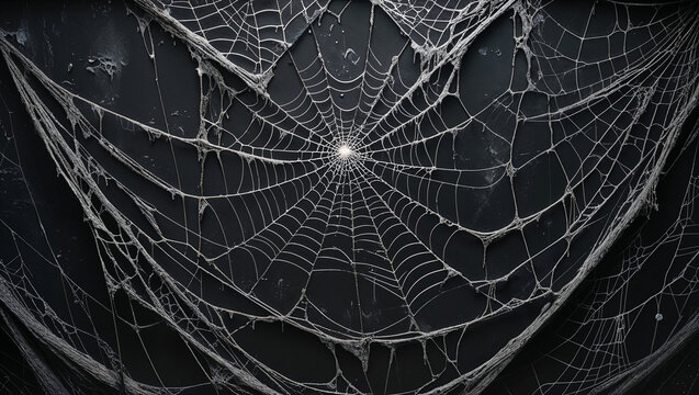 Black banner with dense, dusty spider webs and glistening dew. The rich black backdrop contrasts with intricate web patterns, evoking a spooky and ominous Halloween feel. - Powered by Adobe