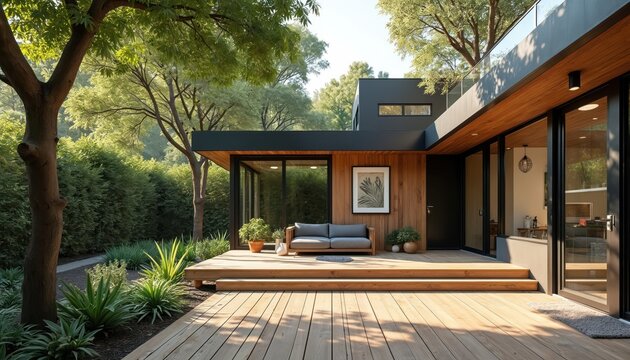 Modern accessory dwelling unit with stylish architecture, serene outdoor patio. Features natural wood elements, large glass windows, rich plants, creating peaceful urban retreat. Offers contemporary