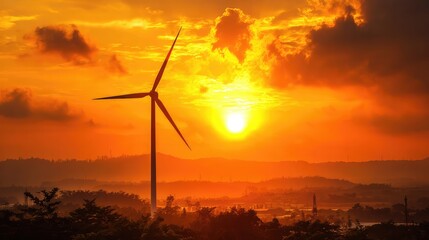 Obraz premium Wind turbine against sunset sky, symbolizing clean energy and sustainable future