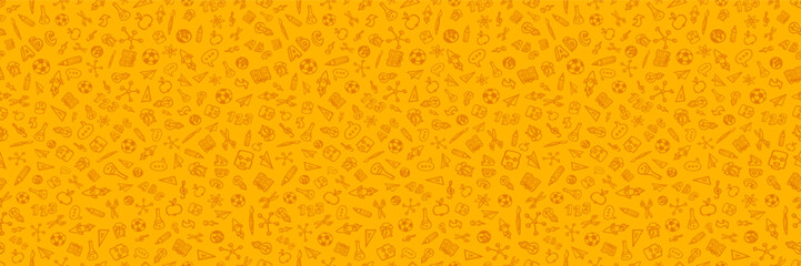 Back to School Seamless Pattern Banner Design with Hand Drawn Doodles in School Supplies Style on Yellow Background. Vector Education, Learning and Knowledge Illustration for Greeting Card, Flyer