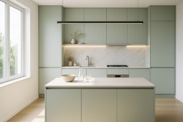 Modern minimalist kitchen interior with green cabinets, marble backsplash, and natural light from large window in soft architectural design concept. Ai generative