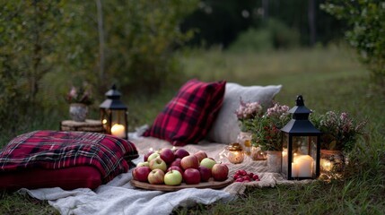 Cozy outdoor picnic with apples and lanterns in a serene natural setting