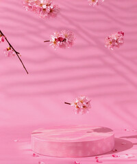 pink podium display. Sakura pink flower falling. Cosmetic or beauty product promotion step floral, pastel pedestal. Abstract minimal advertise.