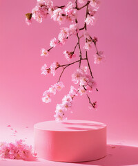 pink podium display. Sakura pink flower falling. Cosmetic or beauty product promotion step floral, pastel pedestal. Abstract minimal advertise.