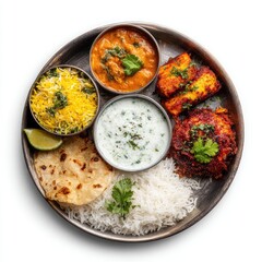Indian platter with diverse curries, rice, and naan