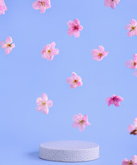 pink podium display. Sakura pink flower falling. Cosmetic or beauty product promotion step floral, pastel pedestal. Abstract minimal advertise.