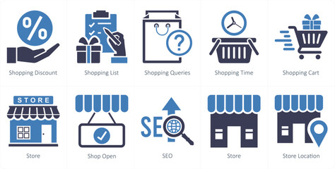 A set of 10 mix icons as shopping discount, shopping list, shopping queries