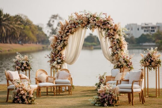 Outdoor wedding ceremony setup with floral arch and seating by a lake