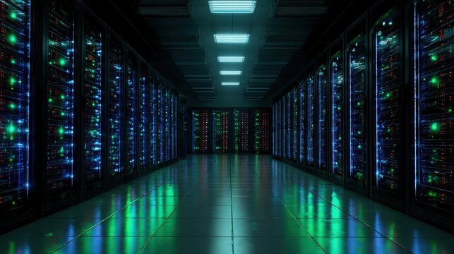 A long hallway filled with rows of servers with lights and reflections on the floor - Powered by Adobe