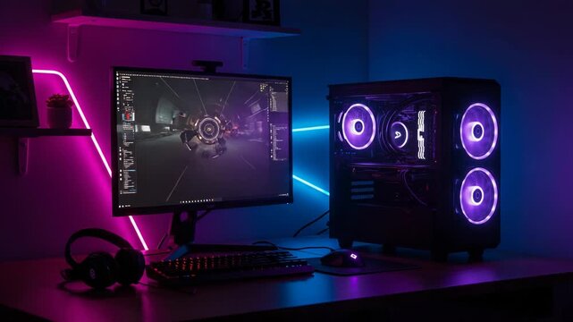 A powerful gaming pc setup with neon rgb lighting and a monitor displaying a game