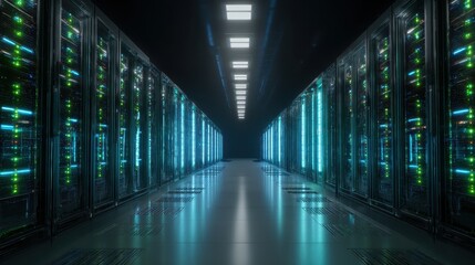 Server room corridor with glowing blue and green lights on racks, reflecting on floor