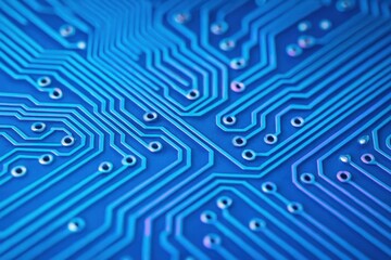 Close up view of intricate blue circuit board pathways and connection points