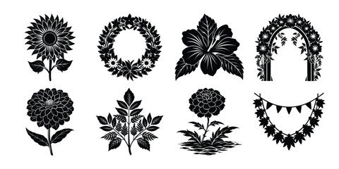 Elegant Black and White Floral A Vector Silhouettes: Sunflowers, Wreaths, Hibiscus, Dahlias, Arch, and Bunting. on white background