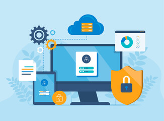 Naklejka na ściany i meble business technology cloud storage backup. business cloud computing and datacenter security concept. with administrator and developer team. flat vector illustration design.