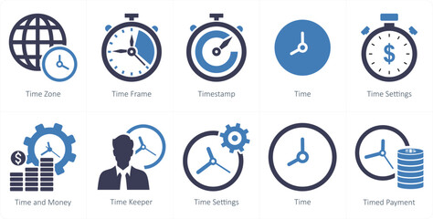 A set of 10 mix icons as time zone, time frame, time stamp