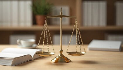 Elegant brass balance scales rest on light wood desk beside white legal books. Clear ambient lighting, softly faded modern office background create bright, calm atmosphere. Illustration justice, law,