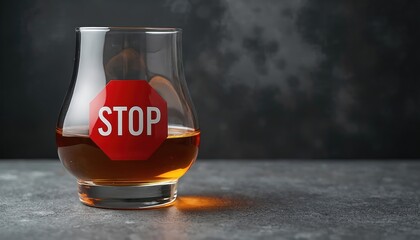 Glass of amber whiskey, marked with red STOP sign. Dark textured background suggests alcohol awareness, responsible drinking campaigns. Clean, stylish presentation for sober living messages