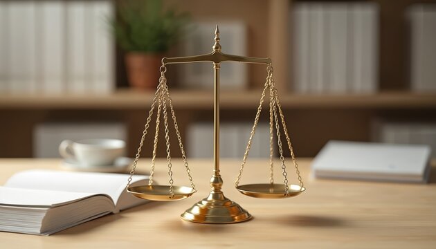 Elegant brass balance scales rest on light wood desk beside white legal books. Clear ambient lighting, softly faded modern office background create bright, calm atmosphere. Illustration justice, law,