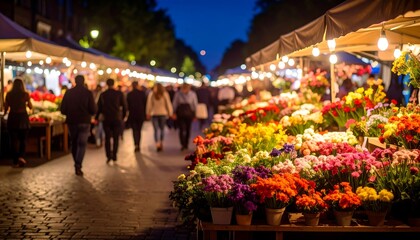 Obraz premium Night market with flowers. Busy street scene at night