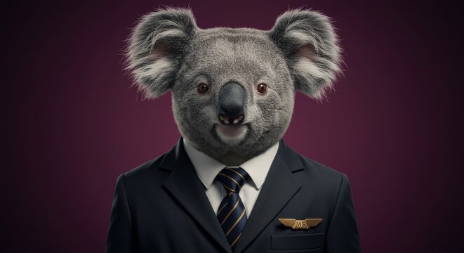 Koala pilot portrait in uniform, funny and professional for aviation marketing, animal theme airlines