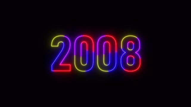 2008 neon line text. Abstract 2008 neon text animation ,For neon color Glowing neon number text background 4k video animation .Digital font against a dark background with neon line looping animation.