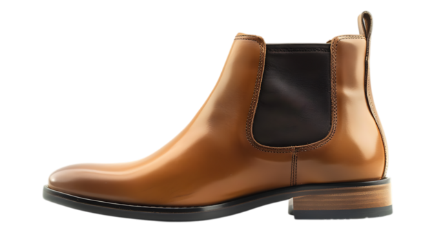 Stylish brown leather chelsea boot isolated on transparent background, a versatile and fashionable footwear choice for the modern man, blending comfort and sophistication in a timeless design
